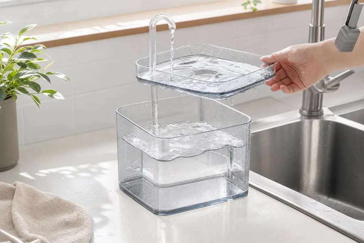 Nettoyage d'une fontaine à eau pour chat : plateau soulevé au-dessus de la cuve, prêt pour le changement de filtre